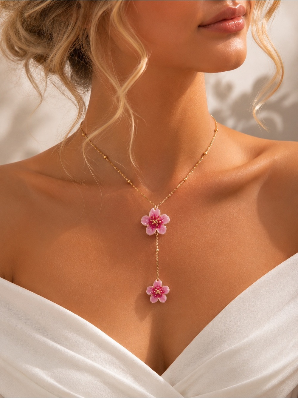 Pink Cherry Blossom Pendant Necklace Gold Tone Floral Y Necklace Jewelry